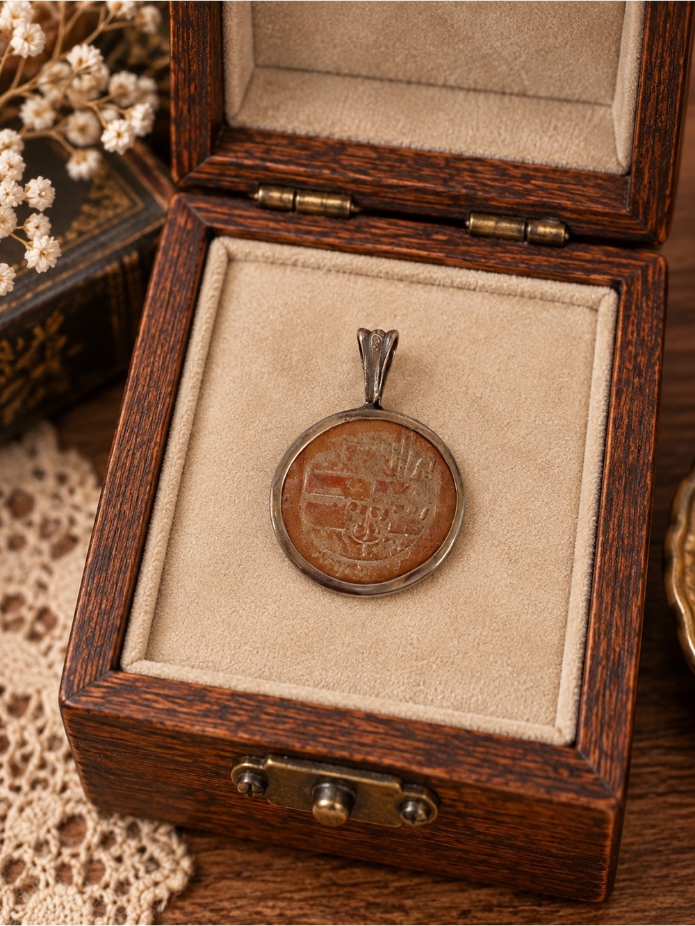 Vintage Concepcion Shipwreck Coin Medallion Pendant Charm Marked 925 Rustic Boho